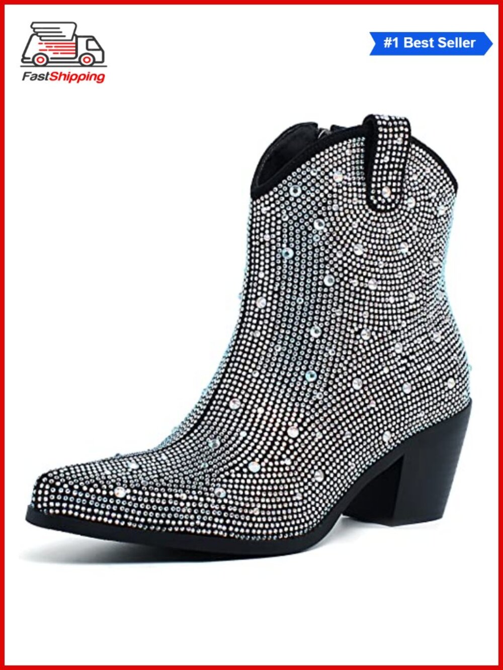 ✨ Rhinestone Cowboy Ankle Boots Sparkly Chunky Heel Pointed Toe Booties